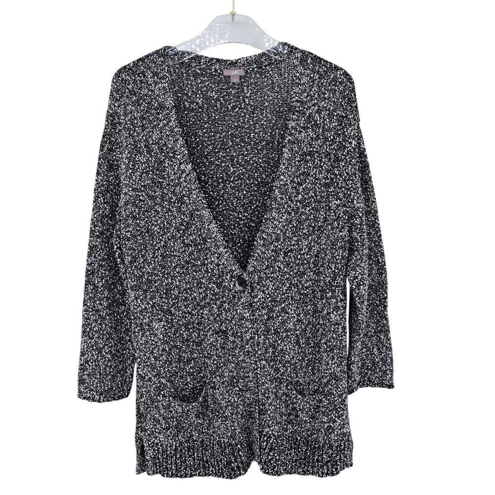 J.Jill 100% Cotton Black White Speckled Knit Cardigan Sweater Open Front Size L